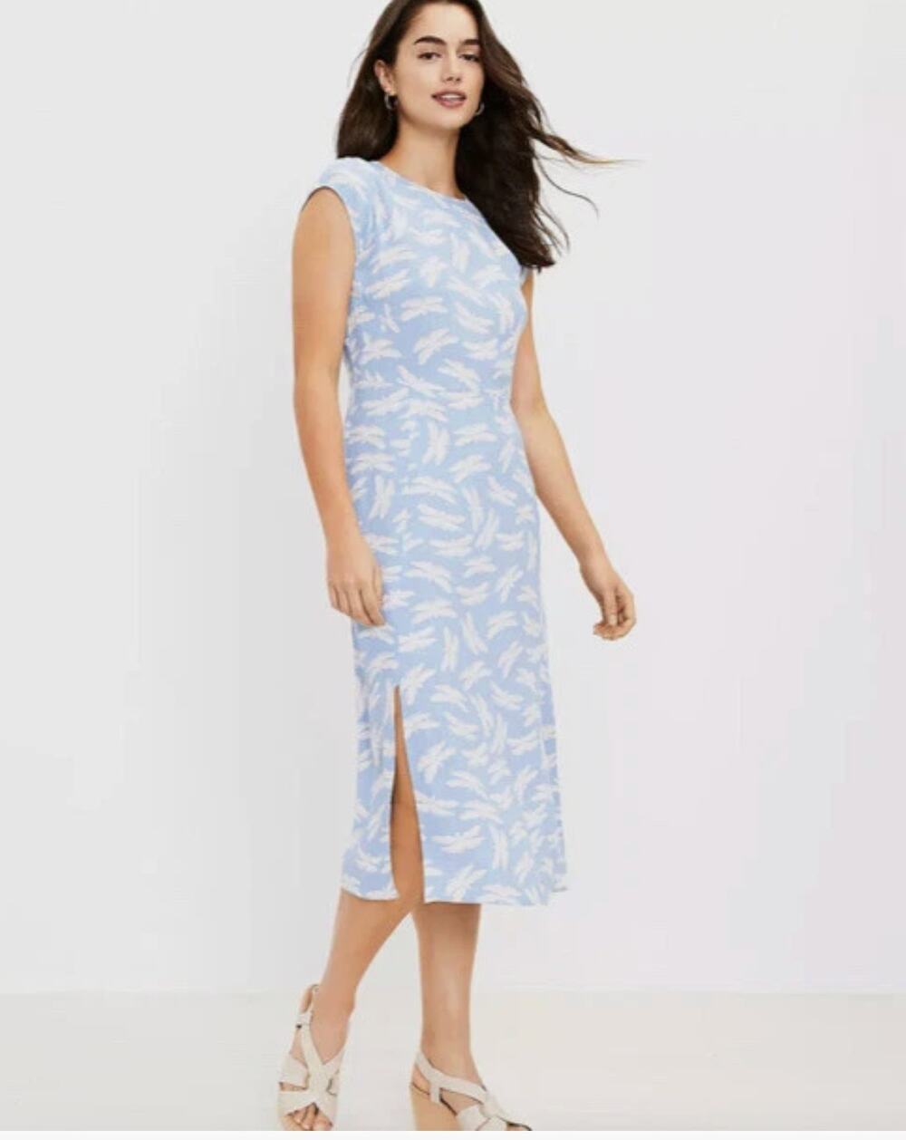 NWT LOFT Blue Dragonfly Print Midi Dress Size 4 Cap Sleeve Cottagecore